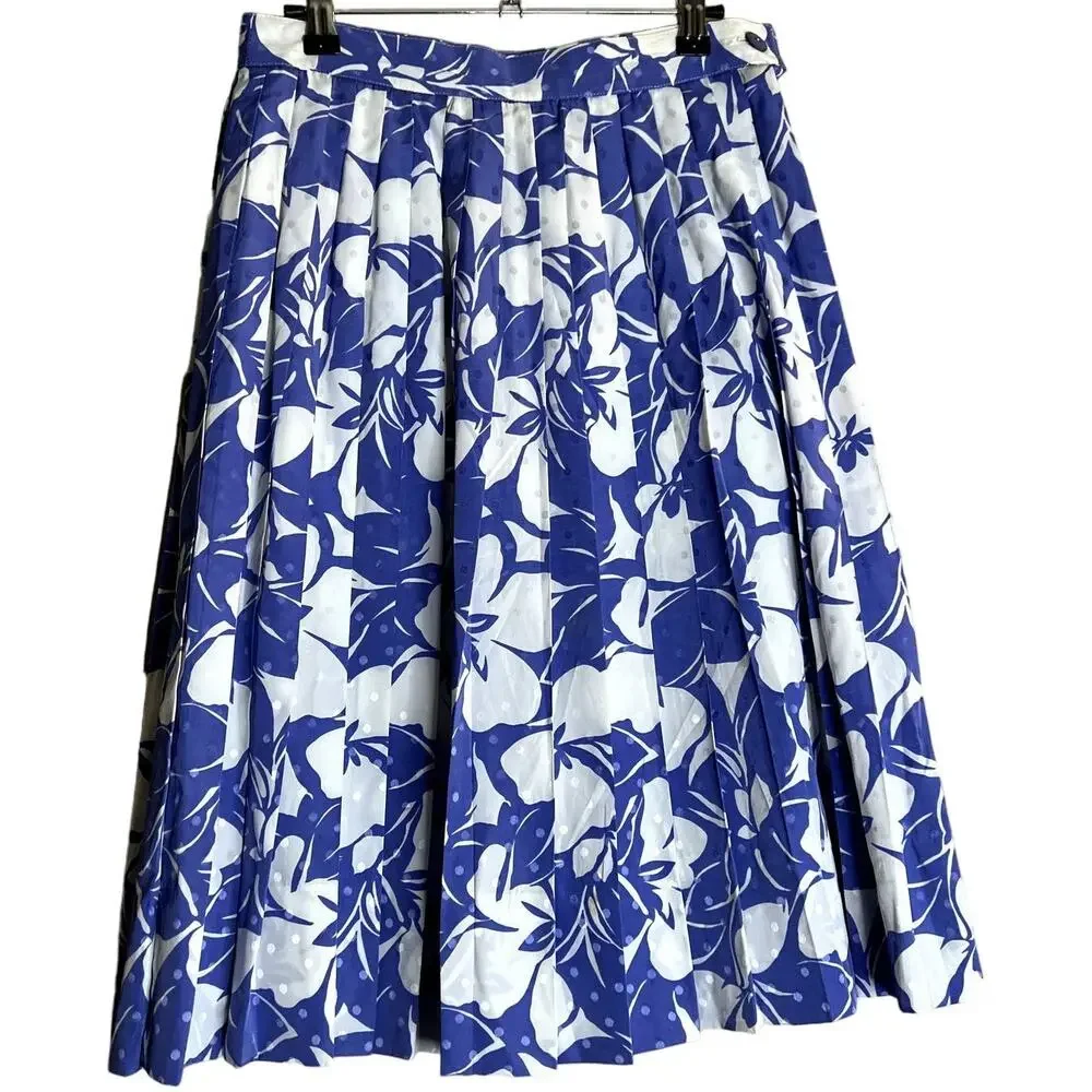 Louis Féraud 2 Piece Skirt Set Blue White Floral Polka Dot Vintage US 10